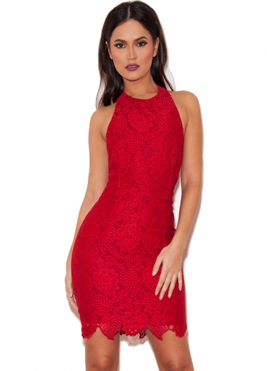 House of CB - Maily Deep red stretch lace halterneck dress