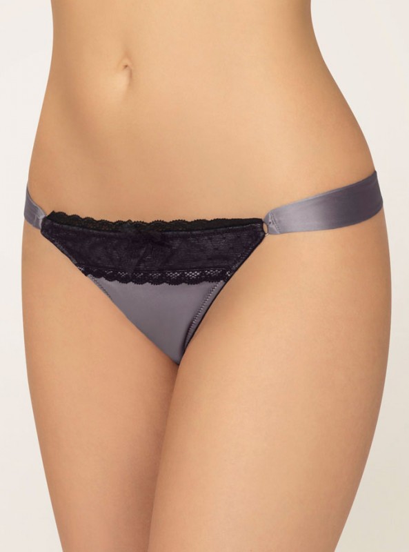 A beautiful thong in luxurious grey, this satin and black mesh style is so irresistible. The Mad Men-inspired design hugs the hips with wide sash sides, while the black diamond lace and scallop frill trim is finished off with a delicate organza ribbon bow.