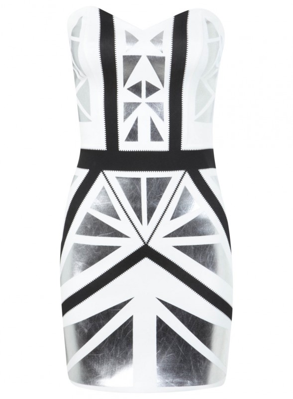 White bandeau bodycon with silver and black metallic panels
