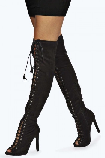 Erin Lace Up Knee High Peep Toe Boots