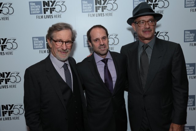 Steven Spielberg, Jeff Skoll and Tom Hanks pose as DreamWorks Pictures and Fox2000 Pictures present the "Bridge of Spies" world premiere at the New York Film Festival at Lincoln Center in New York on October 4, 2015 (Photo: Alex J. Berliner/ABImages)