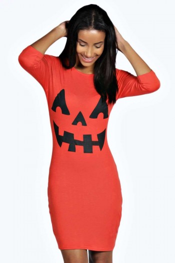 Hayley Pumpkin Print Halloween Bodycon Dress