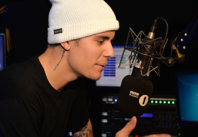 Justin Bieber pre-records a chat (to go out on Tuesday 27 Oct.) with Nick Grimshaw for his BBC Radio 1 Breakfast Show ,  on Friday 23 Oct.2015. Photo by Mark Allan/BBC