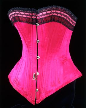 Corset of satin with hand-made bobbin lace, possibly made in England, 1890-1895.