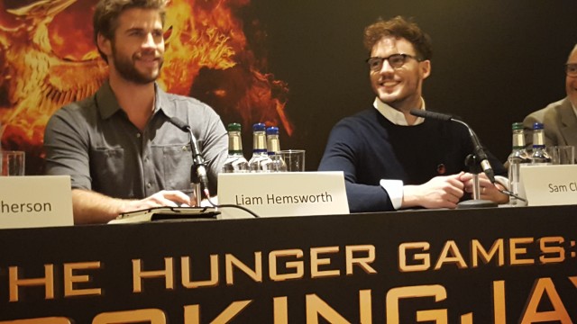 Liam Hemsworth and Sam Clafin attend the UK Press Conference of The Hunger Games Mockingjay Part 2. Photo Credit: Zehra Phelan
