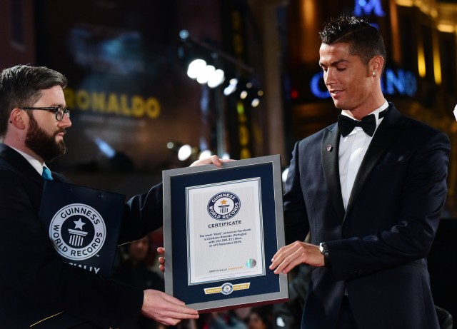 09/11/2015 'Ronaldo' World Premiere at Vue, Leicester Square Cristiano Ronaldo is presented with certificates for this 5 Guinness World Records