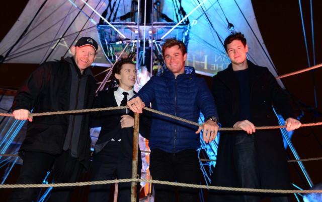 Chris Hemsworth, Ben Walker, Tom Holland, Ron Howard are seen at the "In the Heart of the Sea" photo call on board The Pheonix, London, UK