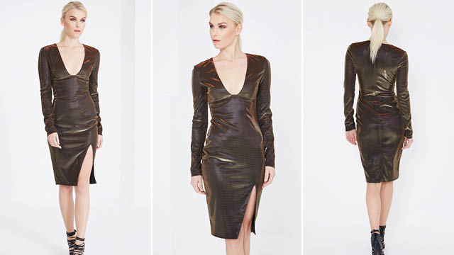 Black & Bronze Metallic Deep Plunge Side Split Midi Dress by Lavish Alice