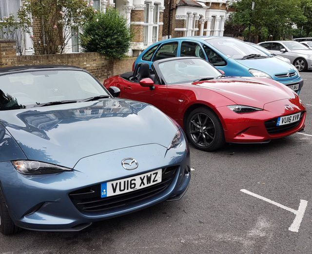 mazda mx5 in red and blue