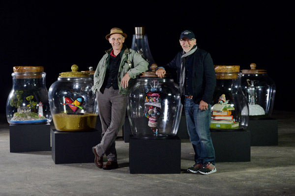 LONDON, ENGLAND,  29TH JUNE 2016:  Steven Spielberg and Mark Rylance pose with dream jars from The BFG at Warner Bros. Studios, Leavesden on the 29th June 2016 Photo Joanne Davidson/SilverHub Media 0203 174 1069/07711 972644