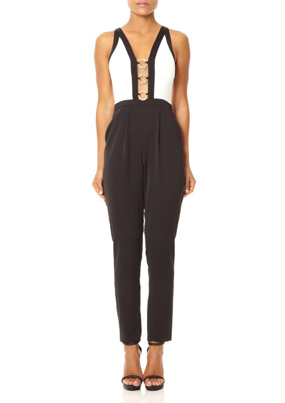 YASMEEN - Ivory and black contrast tailored jumpsuit with plunging neckline