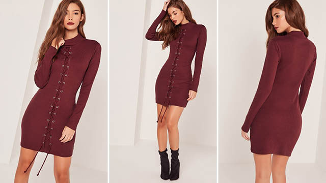 Lace up front round neck bodycon dress burgundy