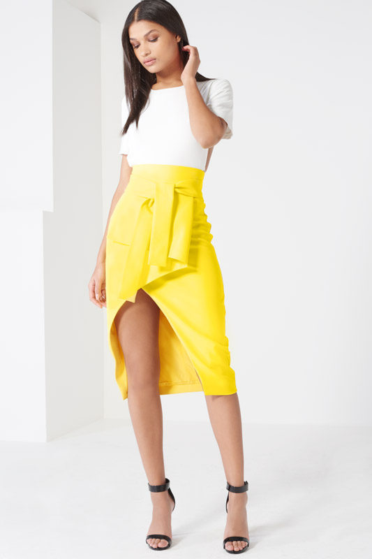 Canary Yellow Tie Front Asymmetric Wrap Midi Skirt