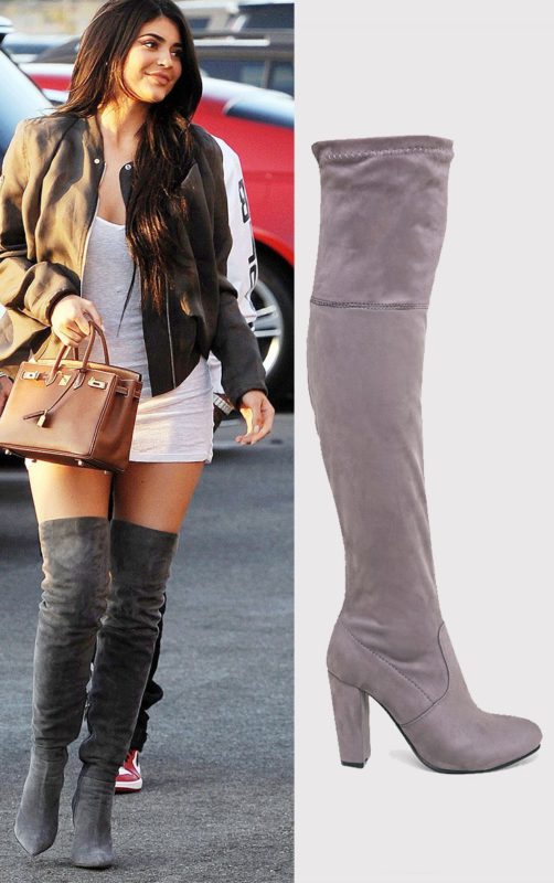 Bess Grey Faux Suede Heel Thigh Boots