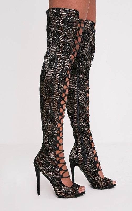 Safire Black Lace Up Thigh High Lace Heels