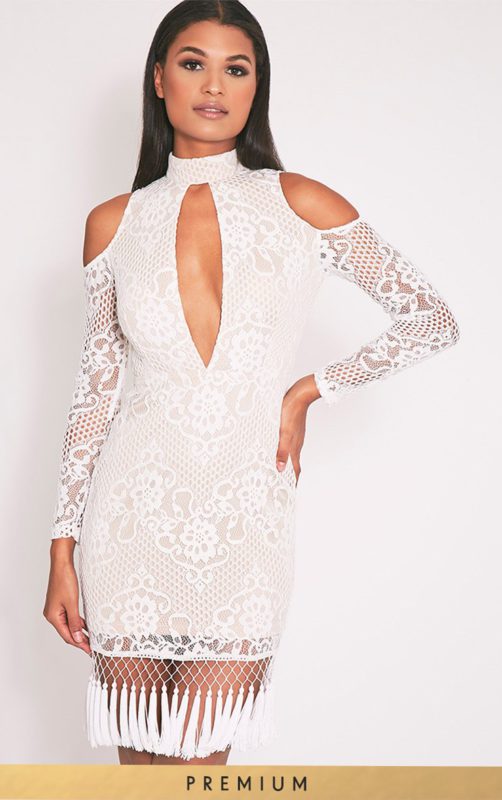 Krina White Premium Lace Tassel Detail Bodycon Dress