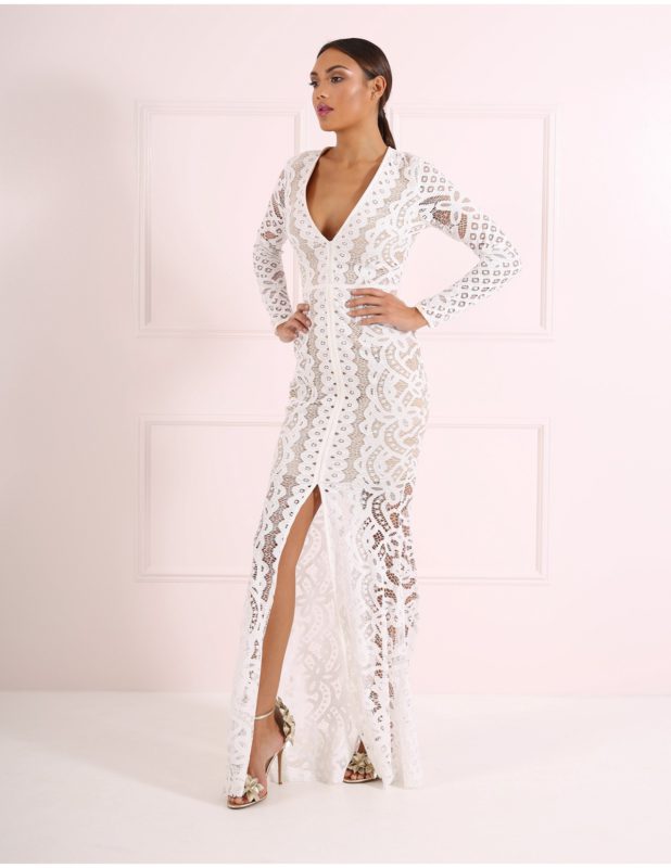 White Lace Evening Gown with Long Sleeves and Plunging Neckline