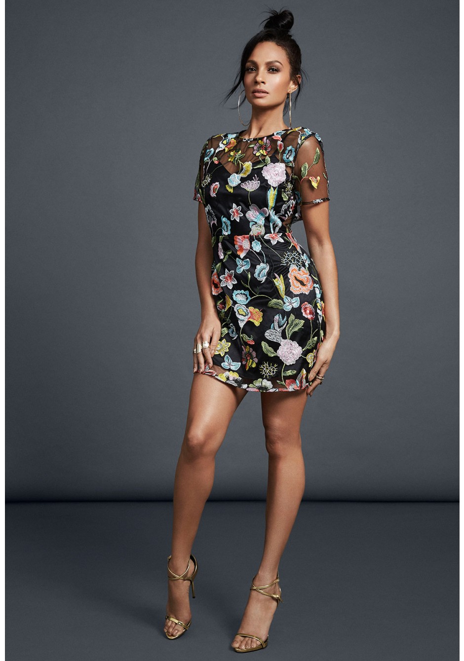 Alesha Dixon Flower Embroidered Mini Dress with Sheer Detail 