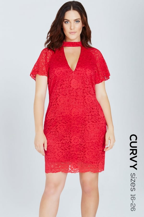 Girls On Film Curvy Red Lace Shift Dress With Keyhole