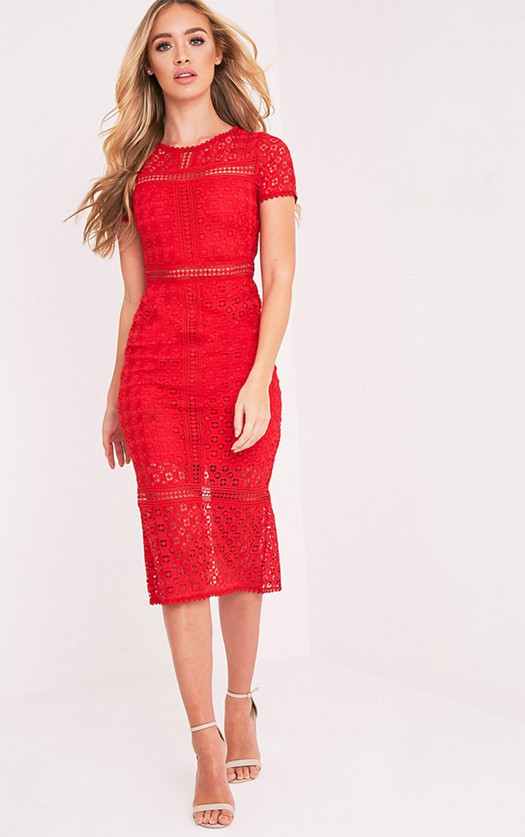 Midira Red Crochet Lace Midi Dress