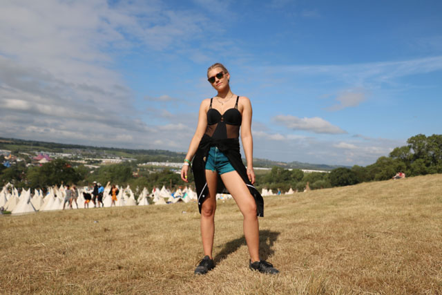 Tigerlily Taylor in Laura body by Bluebella and denim shorts at Glastonbury