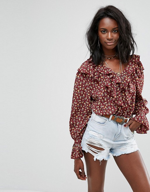 Boohoo Tie Cuff Floral Blouse