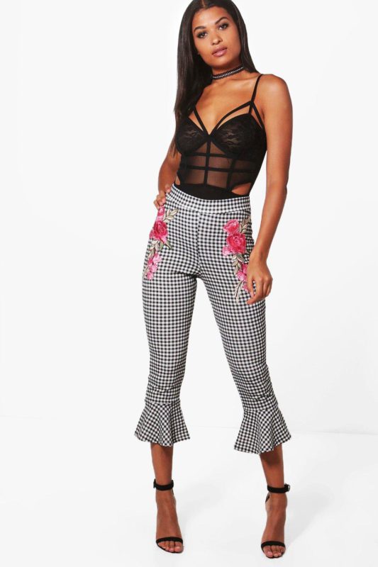 Kendra Embroidered Gingham Ruffle Hem Trousers