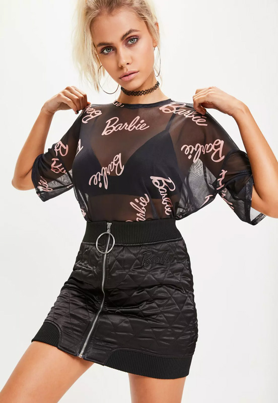 barbie x missguided black mesh printed t-shirt