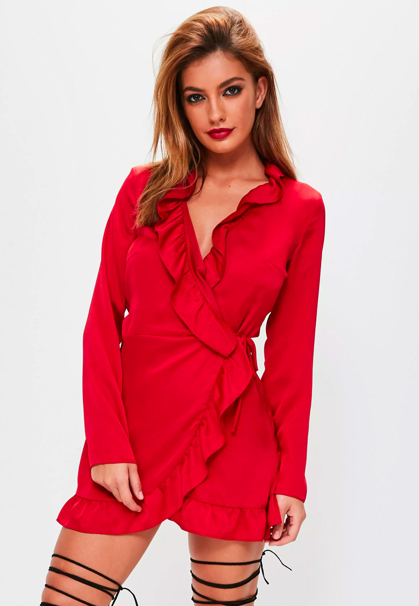 red satin frill wrap tea dress