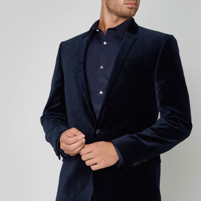 Navy skinny fit velvet suit jacket