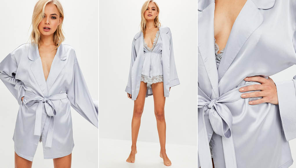 this robe features in a grey satin hue with a tie waist and long wide sleeves.