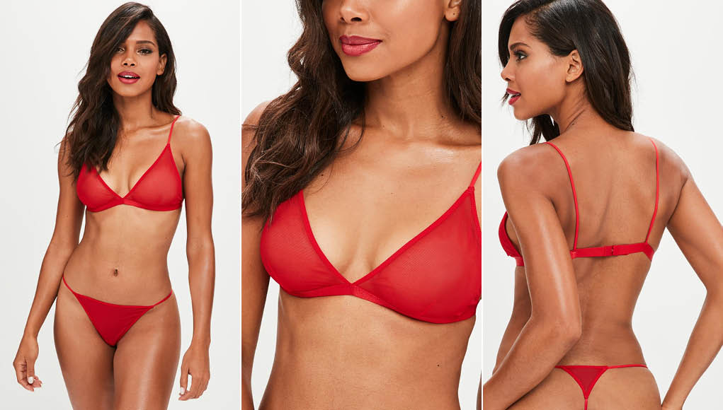 A bra in a red hue with mesh material and triangle style.