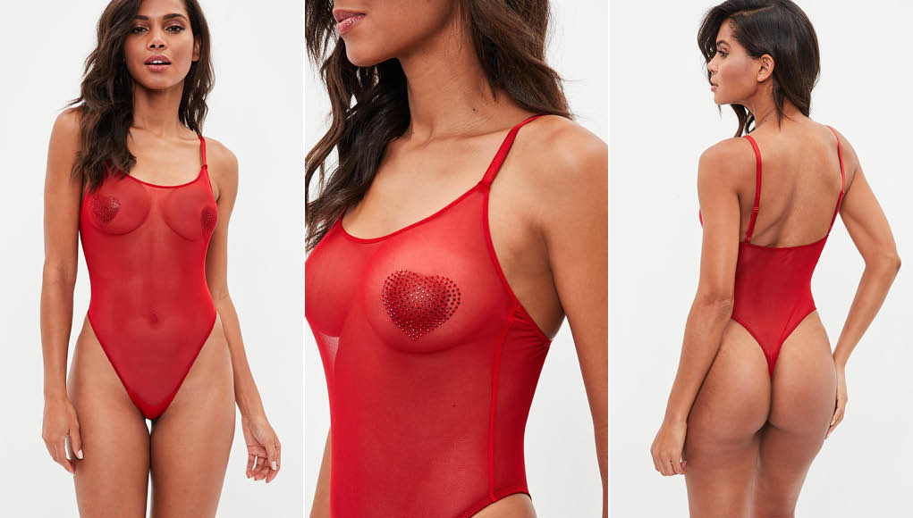 this bodysuit features in a red mesh hue with sequin heart shape covers over the bust, as cooped neckline and cami straps.