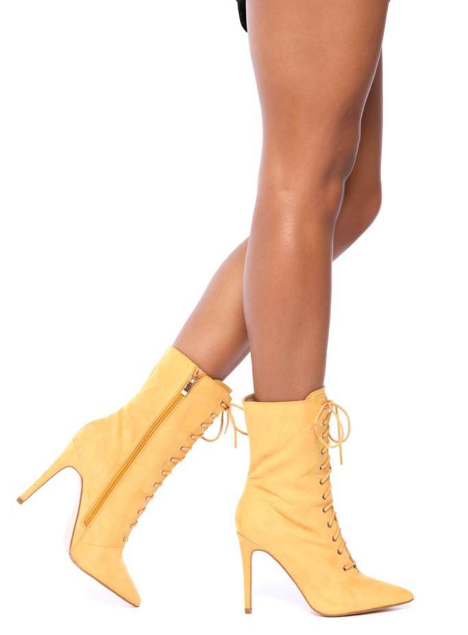 Mustard Faux Suede Ankle Boots With Block Heel
