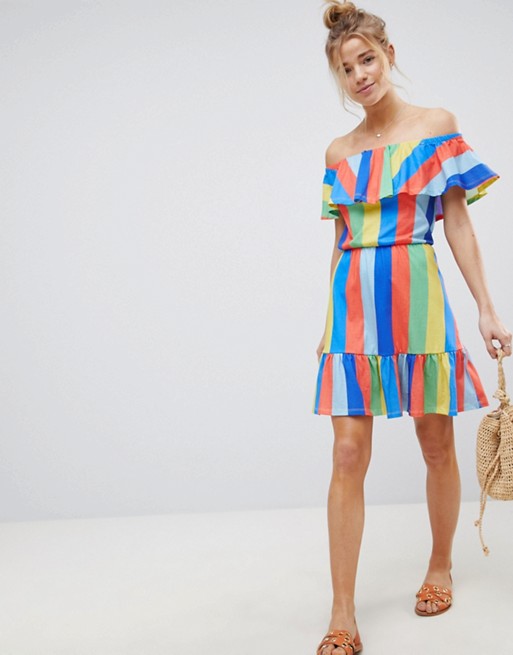 ASOS Off Shoulder Sundress With Tiered Skirt In Rainbow Stripe