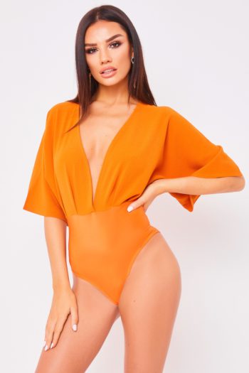 bryoni burnt orange deep v wide sleeve plunge bodysuit