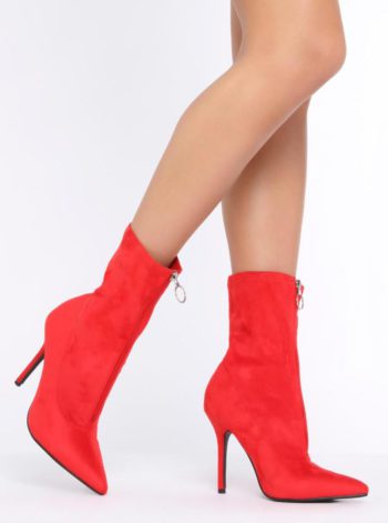 Red Stretch Sock Boots With Front Zip