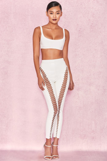Sandrelle white vegan leather lace-up trousers