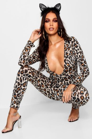 Halloween Leopard Plunge Long Sleeve Jumpsuit