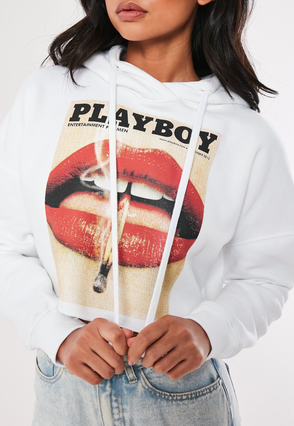 playboy x missguided white lips print cropped hoodie