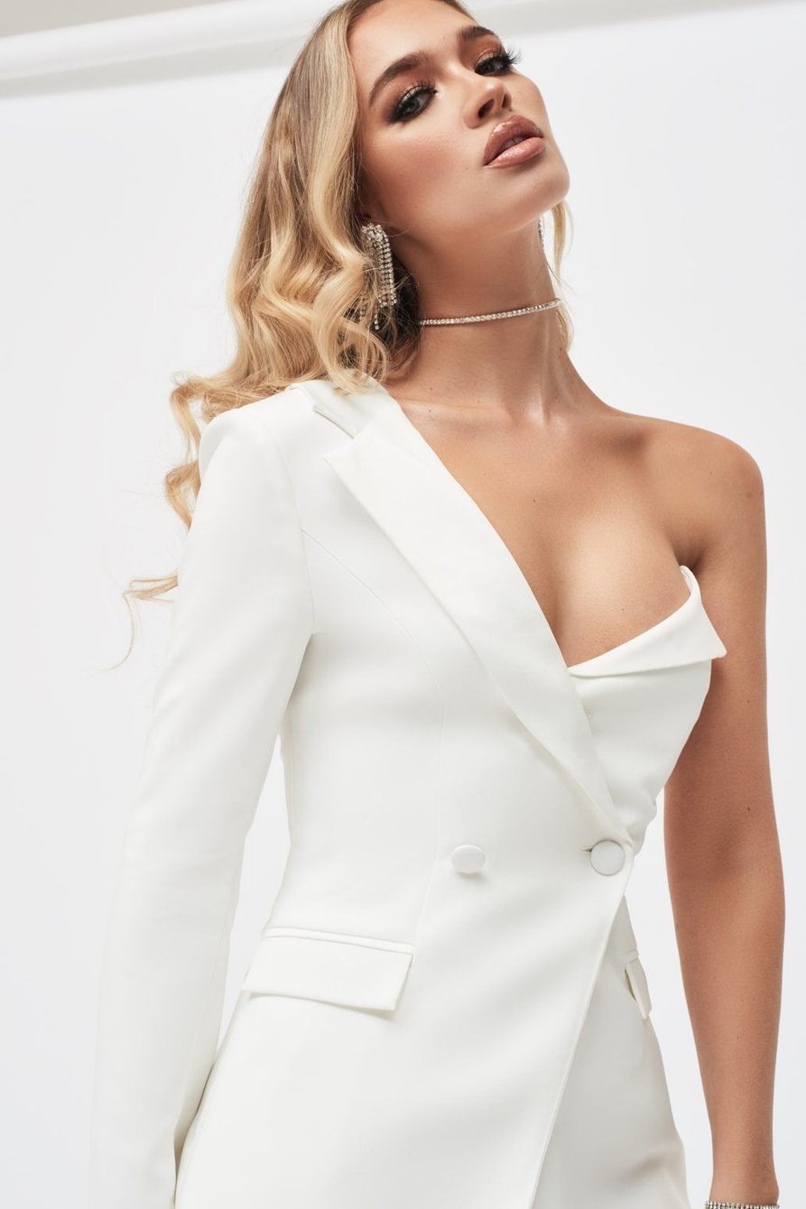 one shoulder bodice blazer in white