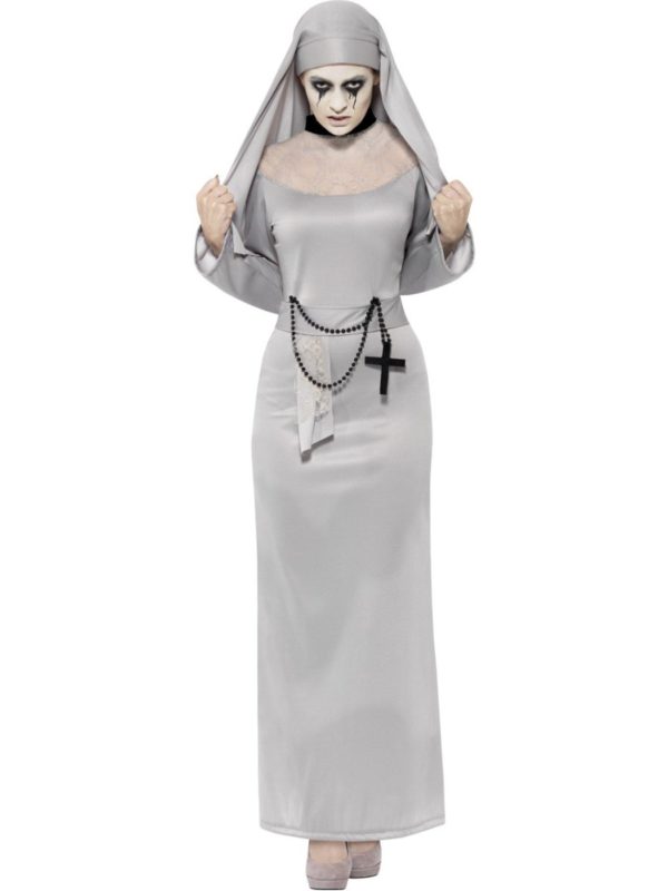 Gothic Nun Costume with Grey Dress and Headpiece
