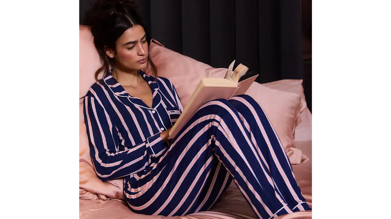 Bamboo Long Pyjama Set in Midnight Stripe