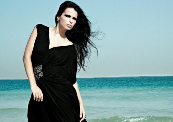 Black jersey kaftan with center embellishment