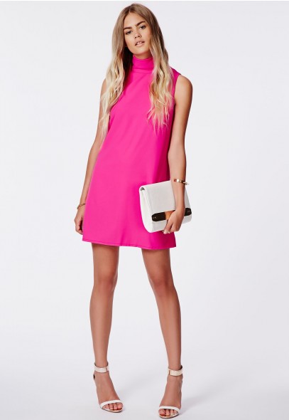 Callie Roll Neck Shift Dress Hot Pink