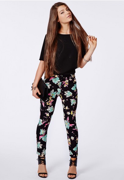Gwen Floral Print Cigarette Trousers Black