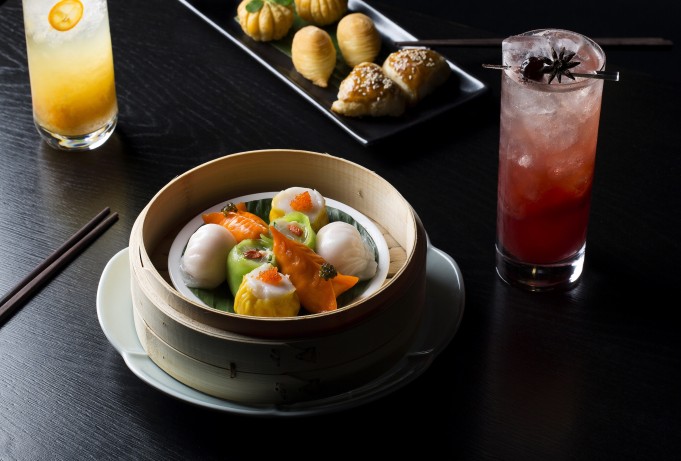 Dim sum platter and cocktails