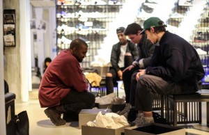 Kanye West surprises fans at the adidas Originals store by presenting YEEZY BOOSTS in person