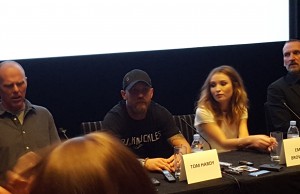 Tom Hardy, Emily Browning and Christopher Ecclestone attend Legend Press Conference ahead of London Premiere.