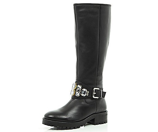 Black leather embellished knee high boots